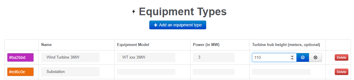 Equipment type: hub height.